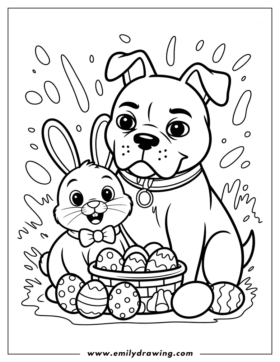 Line art of a dog and bunny with a basket of Easter eggs. The dog wears a collar and the bunny a bow tie. Several decorated eggs surround the basket.