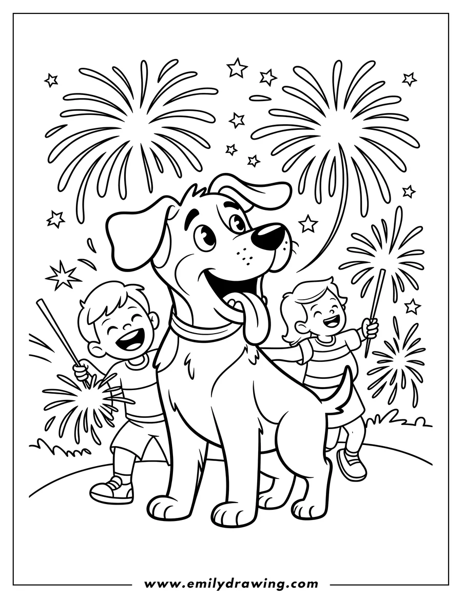 Line art of a dog and two children watching fireworks. They are all smiling and looking up at the fireworks bursting overhead.