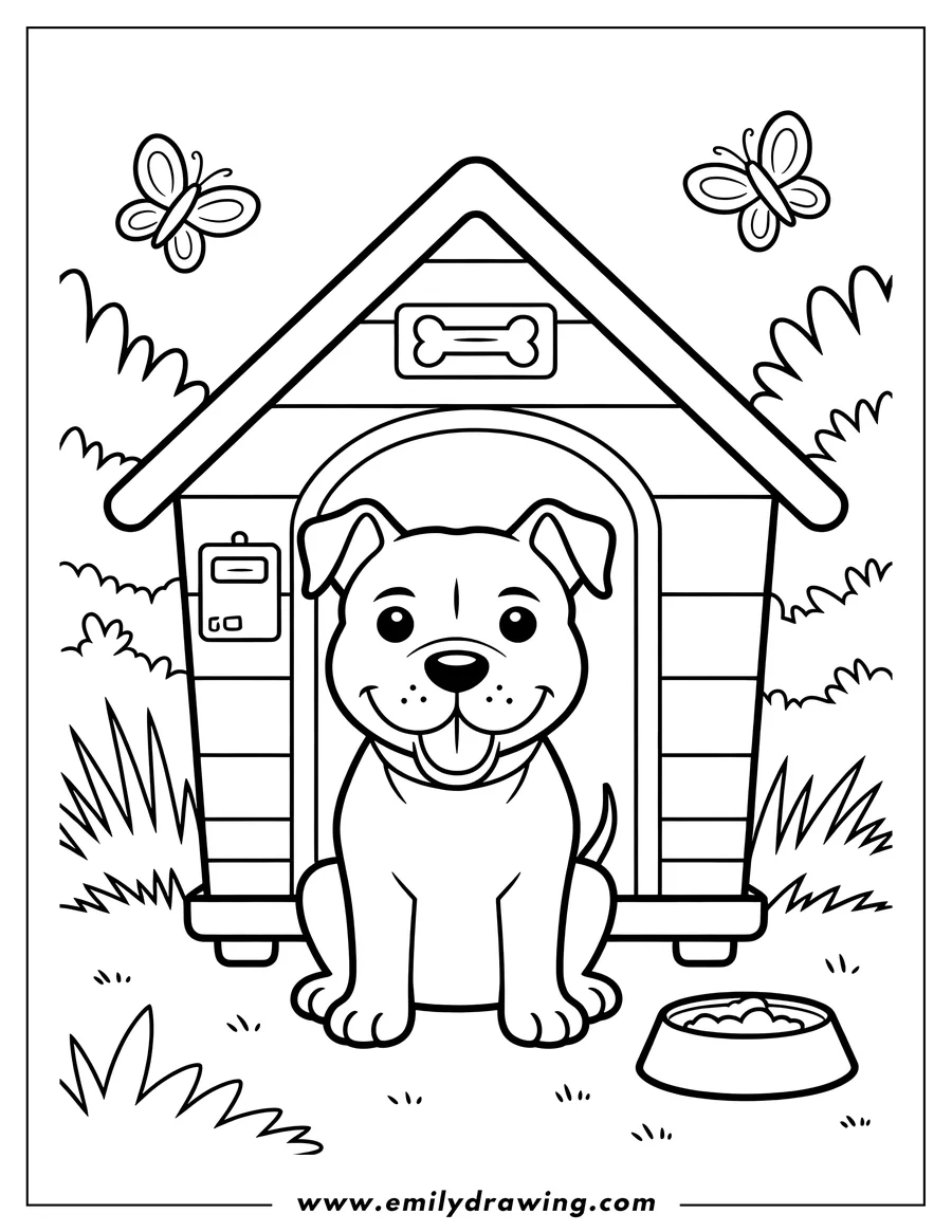 Outline of a dog sitting in front of its doghouse with a food bowl nearby and butterflies fluttering around.