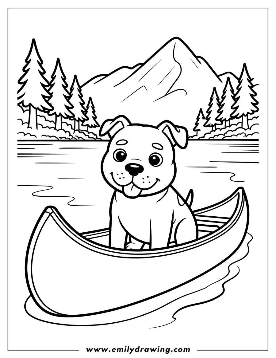 Outline of a happy dog sitting in a canoe on a lake, with a mountain and trees in the background.