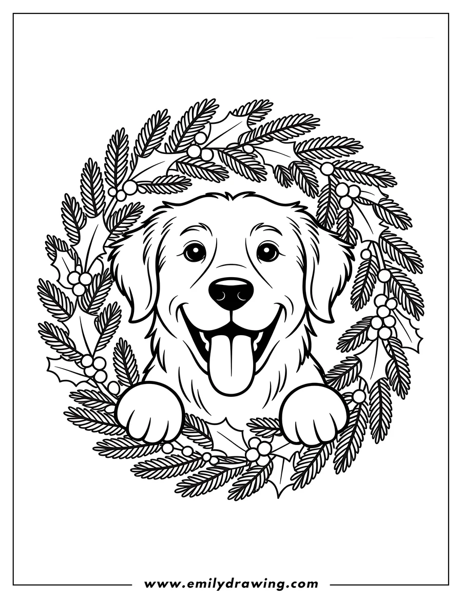 Line art of a happy Golden Retriever dog peeking out of a Christmas wreath decorated with holly and berries.