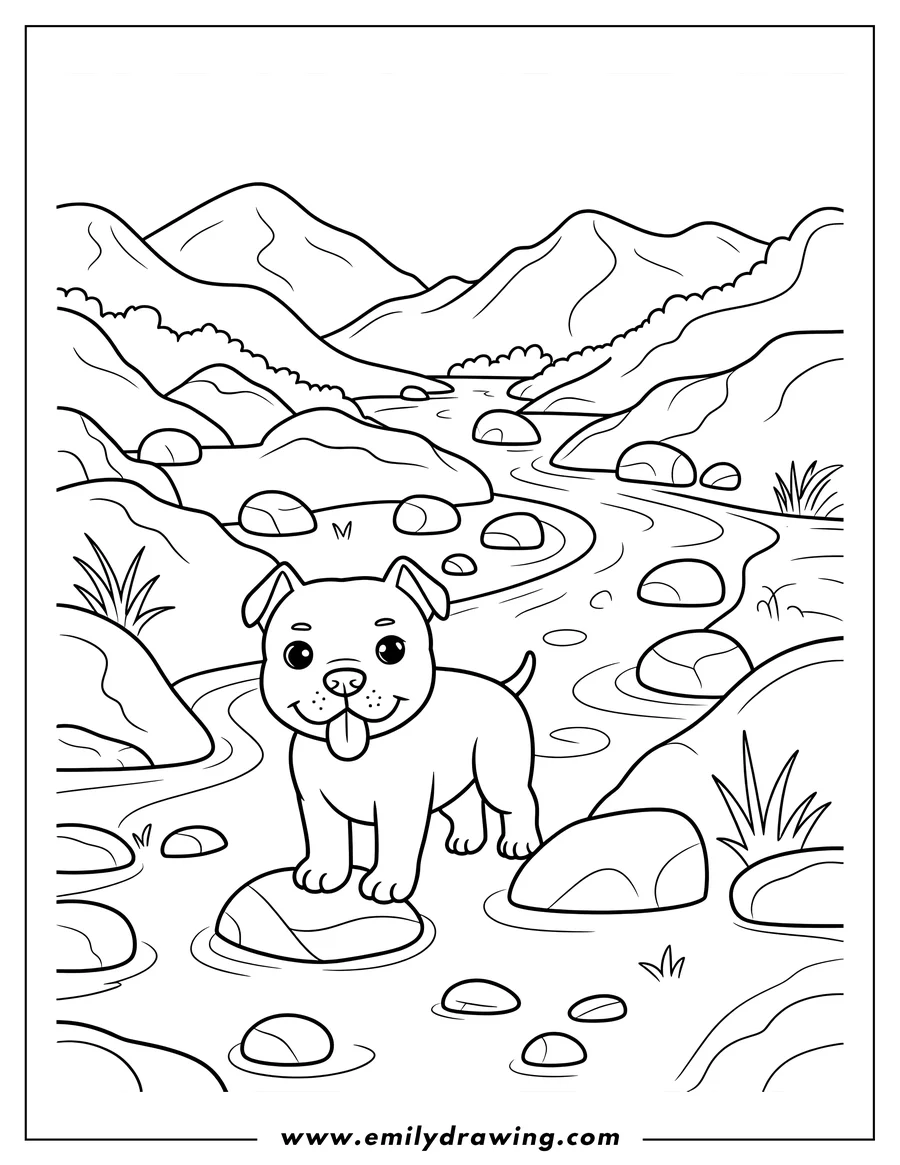 Outline of a dog standing on a rock in a flowing river, surrounded by hills.
