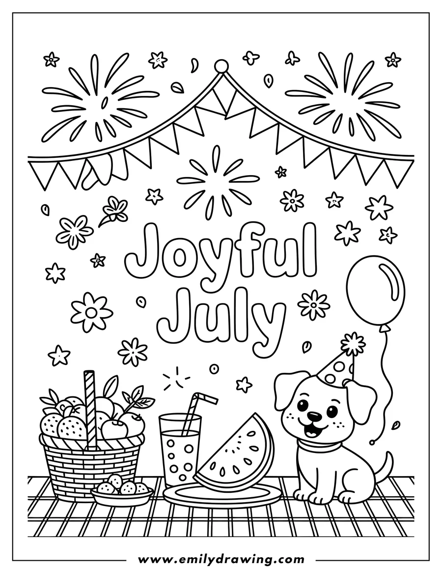 Line art of a cheerful puppy celebrating Joyful July with a party hat, balloon, fruit basket, juice, and watermelon slice on a picnic blanket under fireworks and festive bunting.