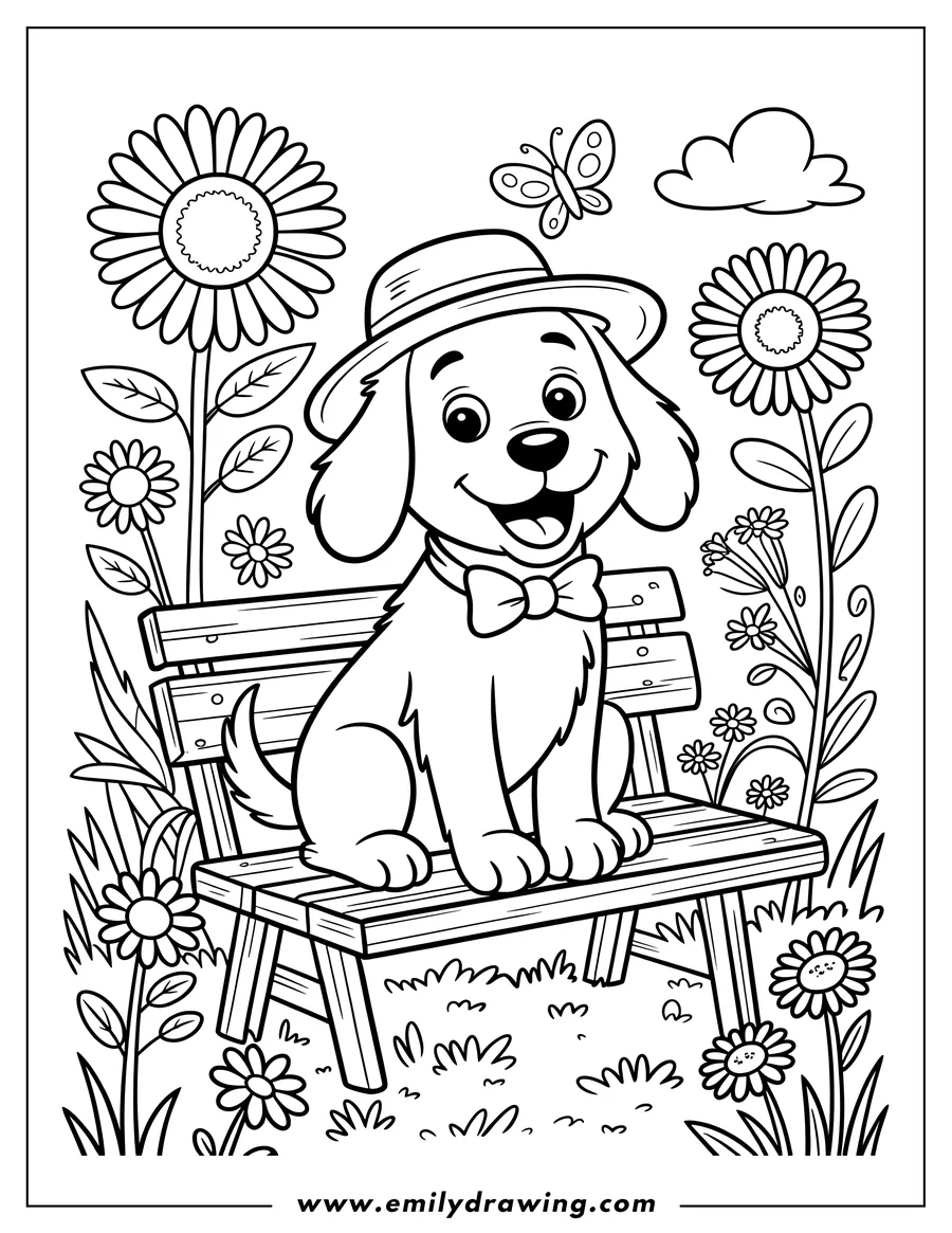 Outline of a dog sitting on a wooden bench in a garden surrounded by flowers. The dog wears a stylish hat and bow tie.