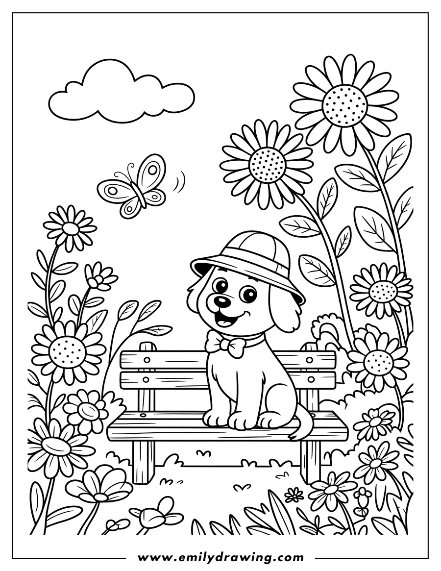 Outline of a dog wearing a hat and bow tie, sitting on a wooden bench in a garden surrounded by sunflowers and other flowers, with a butterfly flying nearby.