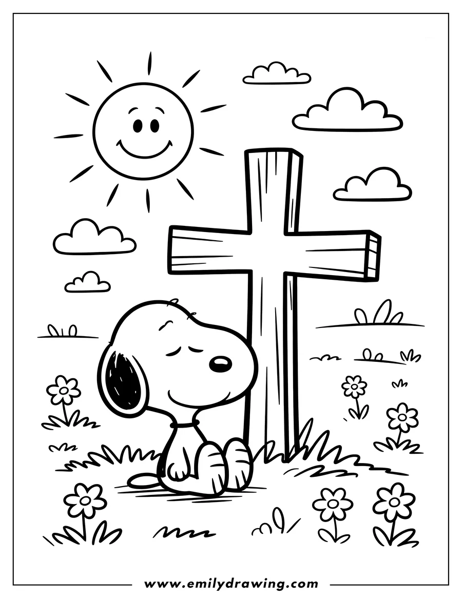 Outline of a cartoon dog sitting peacefully with eyes closed in a grassy field next to a large wooden cross. A smiling sun and clouds are visible overhead.