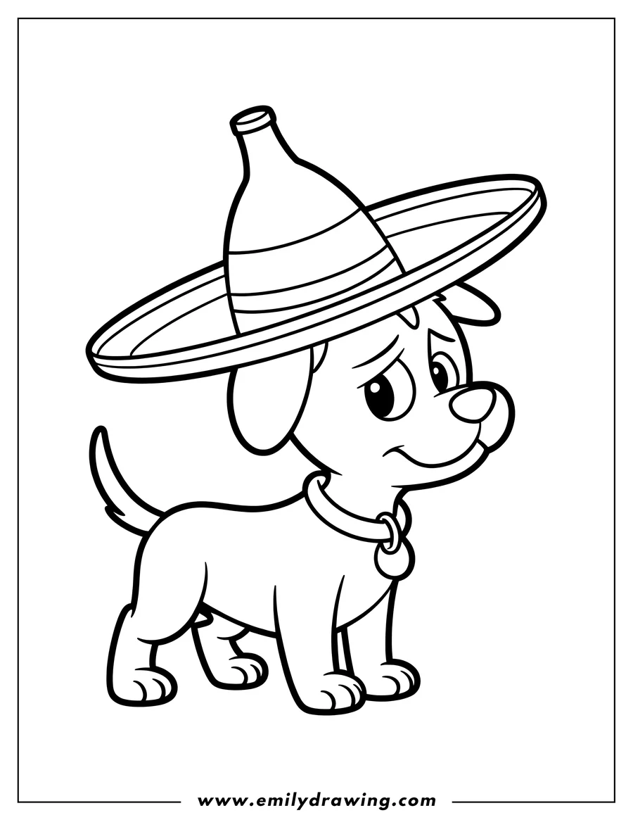 Line art of a dog wearing a large sombrero. The dog has a collar and tag and appears to be smiling.