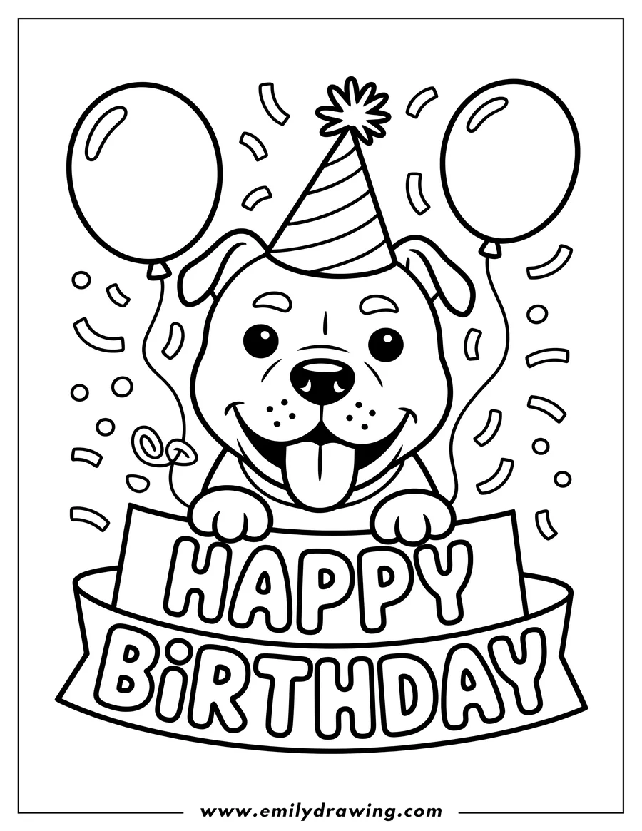 Outline of a cheerful dog wearing a party hat, holding a 