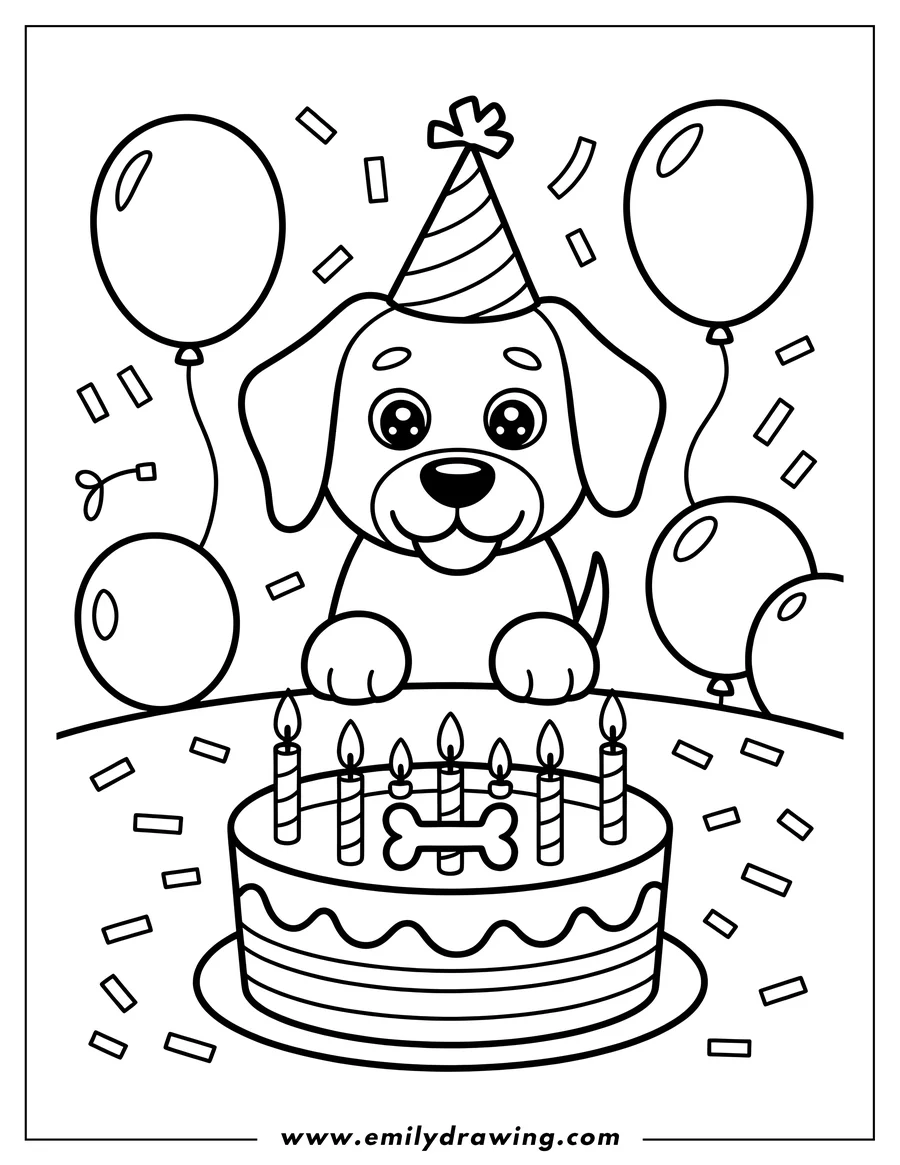 Outline of a dog wearing a party hat with a birthday cake and balloons.