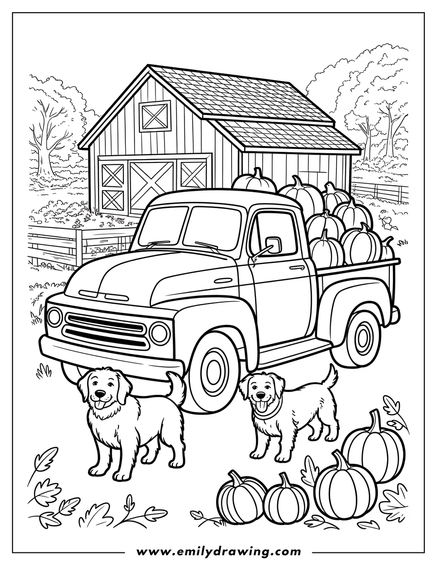 Two dogs stand near a vintage truck filled with pumpkins on a farm, with a barn in the background.