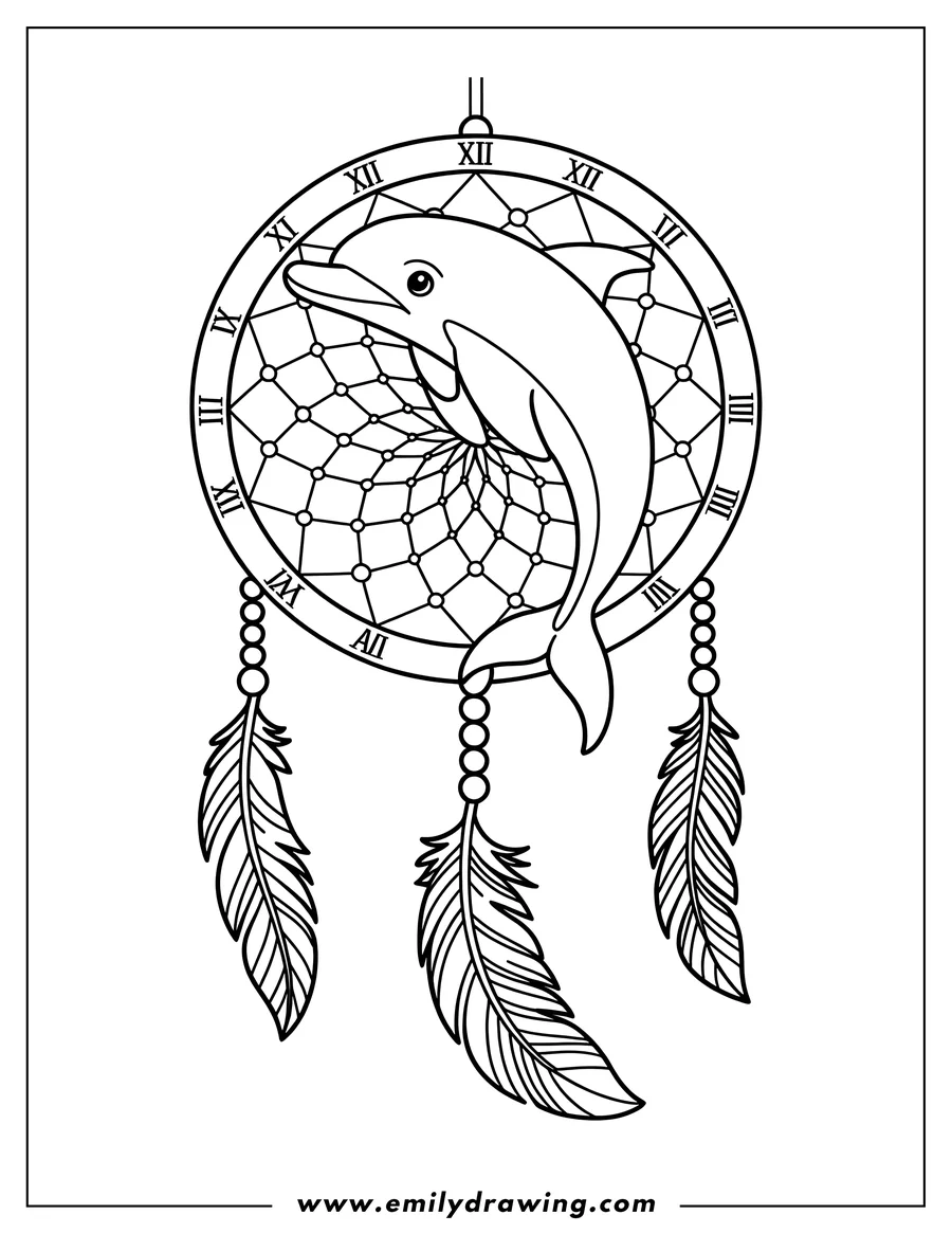 Line art of a dolphin inside a dreamcatcher. The dreamcatcher is decorated with feathers and beads. Roman numerals mark the hours on the dreamcatcher's ring.