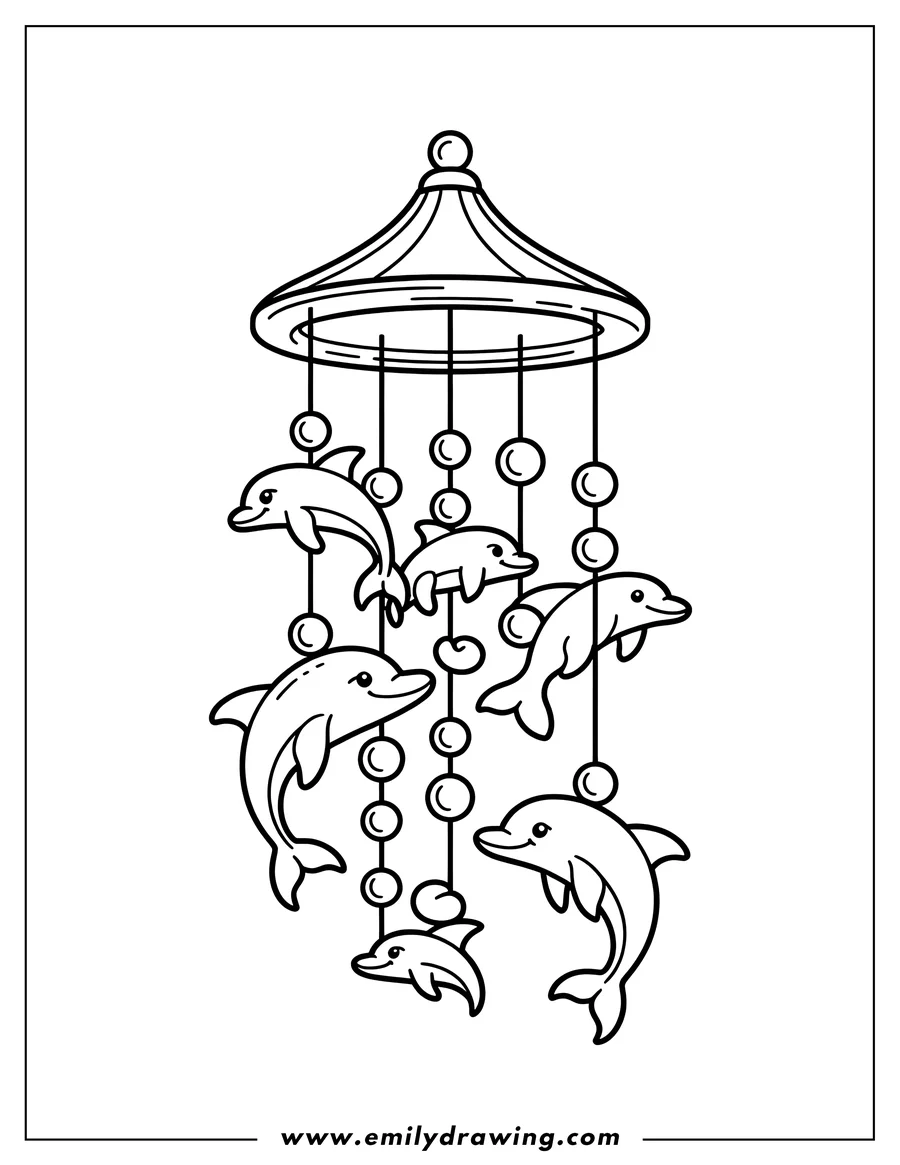Outline of a dolphin wind chime with six playful dolphins and decorative beads.