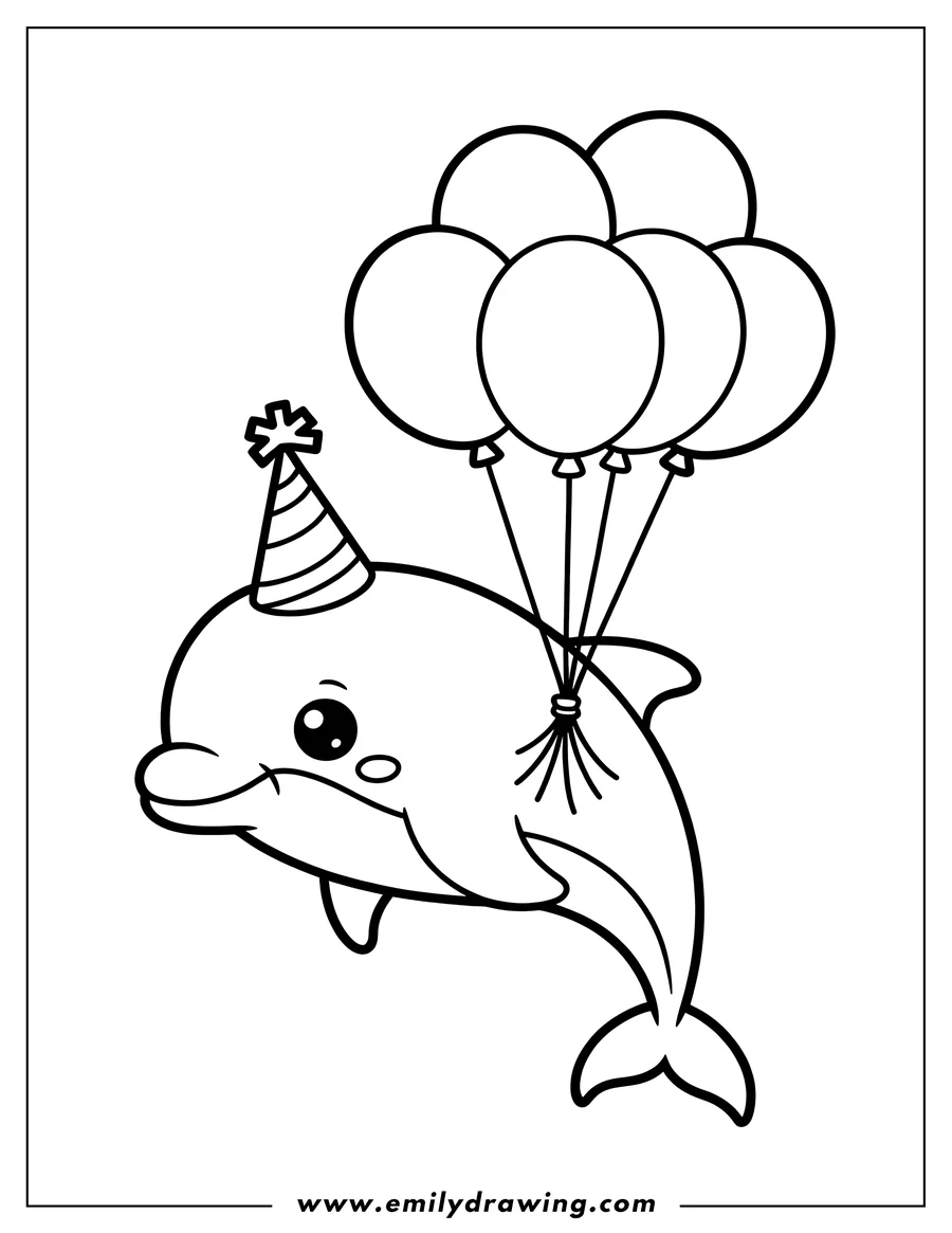 Outline of a smiling dolphin wearing a party hat and holding a bunch of balloons.