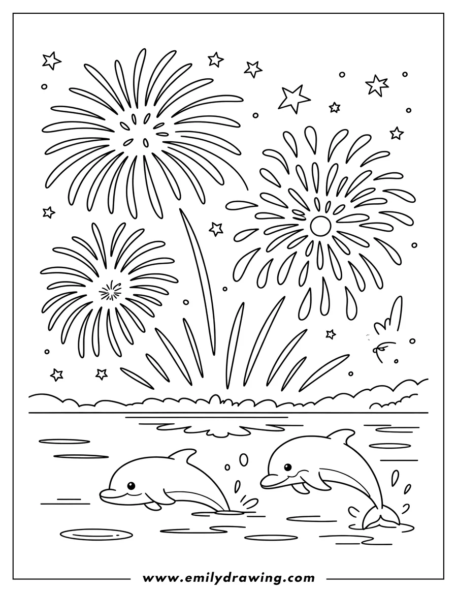 Two dolphins playing near fireworks over the water.