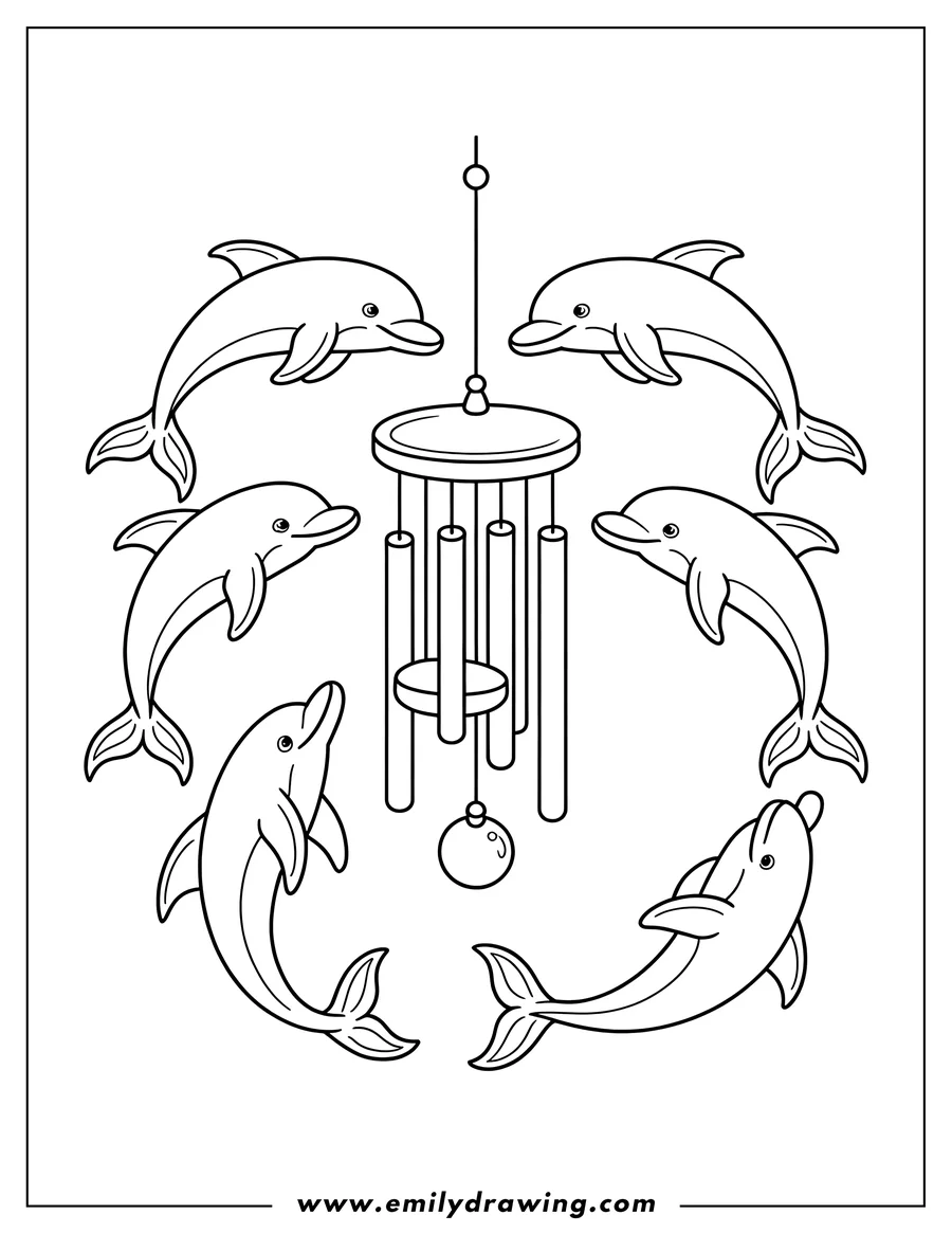 Outline of dolphins swimming around a wind chime.