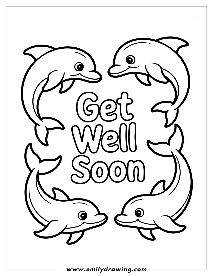 Four playful dolphins surrounding the words 'Get Well Soon'.