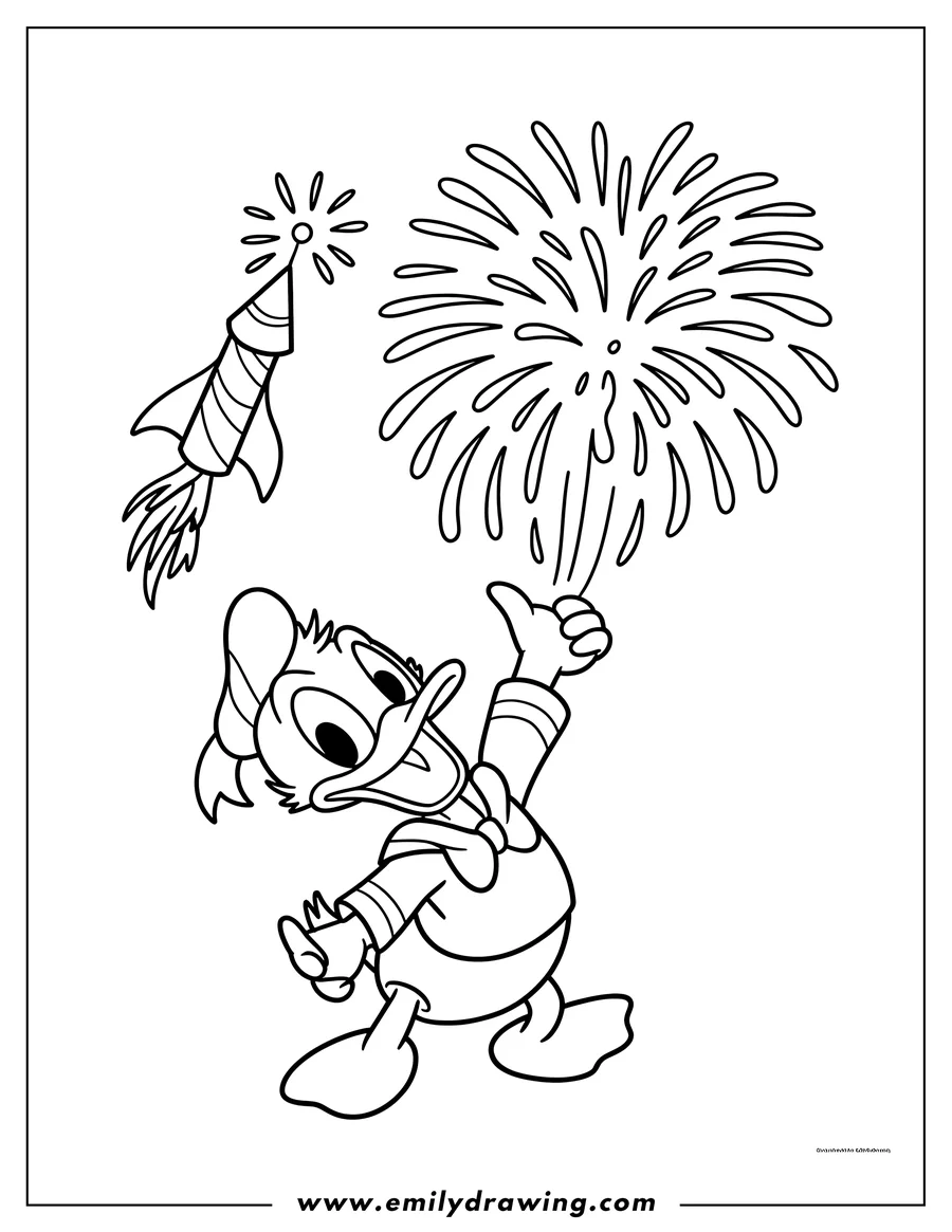 Outline of Donald Duck with a thumbs up, standing near some fireworks and a bottle rocket.