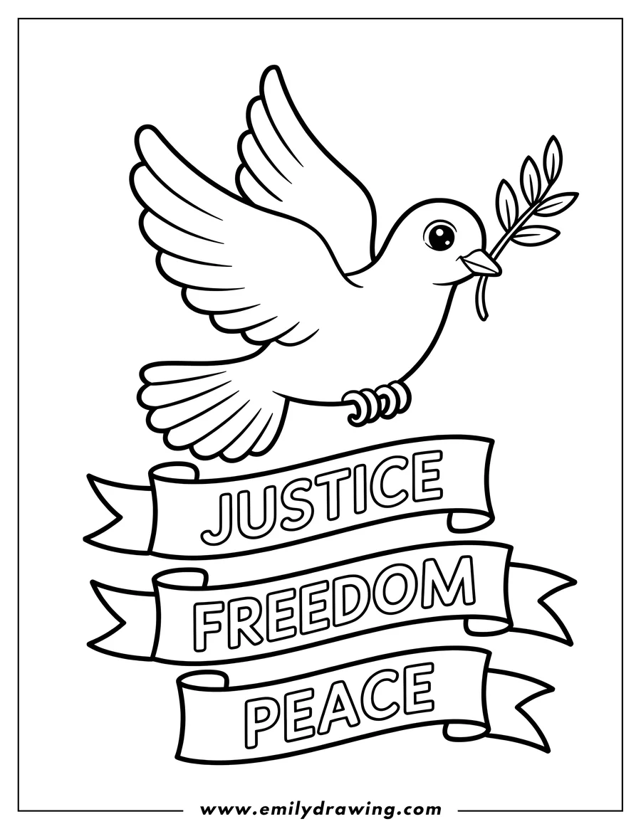 Line art of a dove carrying an olive branch, with a banner below reading 'Justice, Freedom, Peace'.