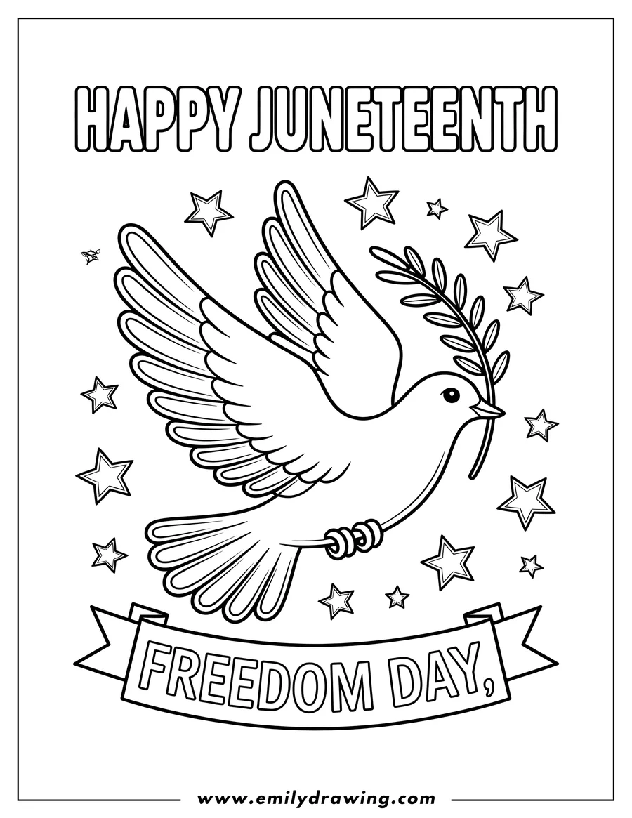 Line art of a dove carrying an olive branch, surrounded by stars, with a banner that says 'FREEDOM DAY'. Happy Juneteenth!