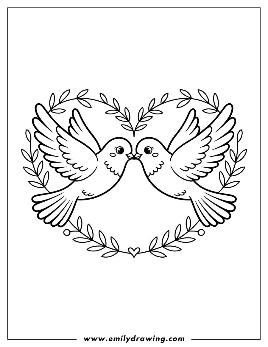 Outline of two doves facing each other inside a heart-shaped wreath of leaves. The doves' wings form the top of the heart.