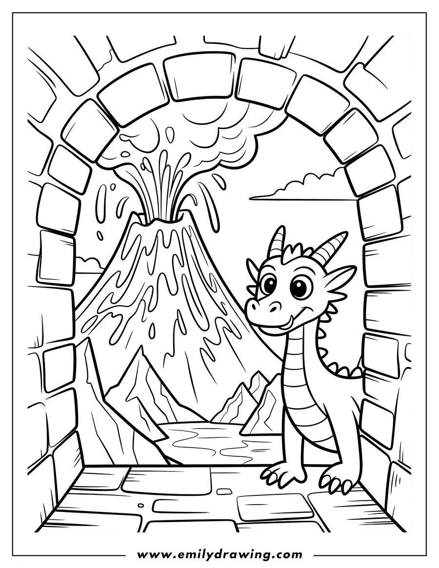 Outline of a friendly dragon watching an erupting volcano from a stone archway.