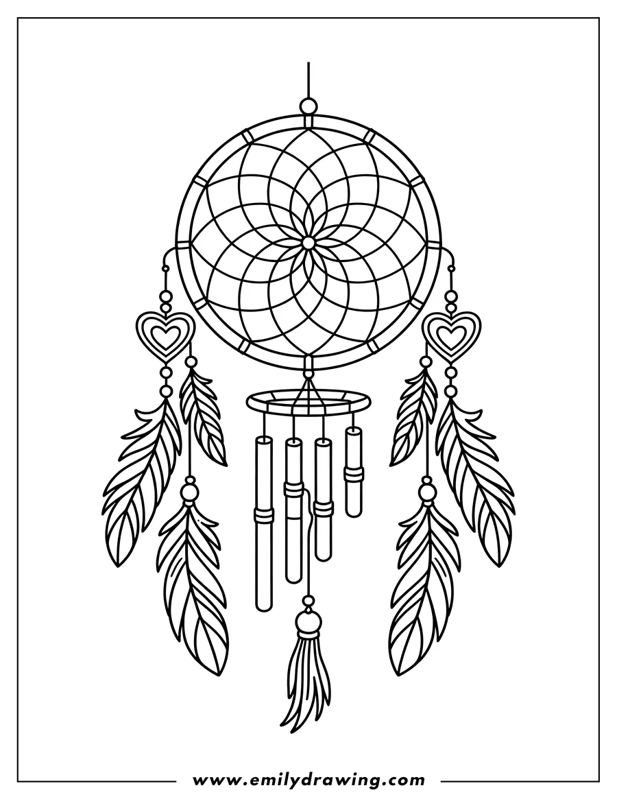 Line art of a dream catcher with decorative chimes, feathers, beads, and heart shapes.