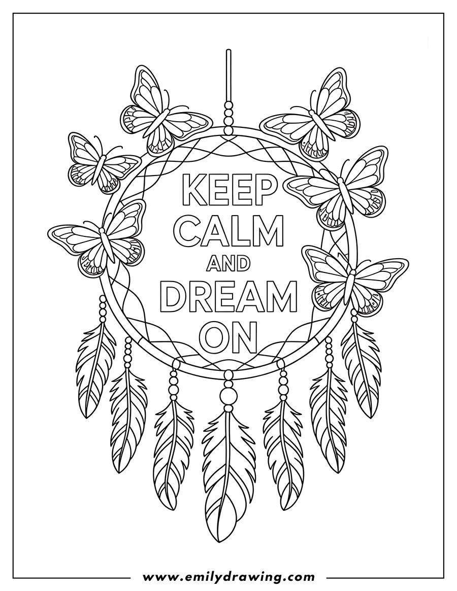Outline of a dreamcatcher decorated with butterflies and feathers. The words