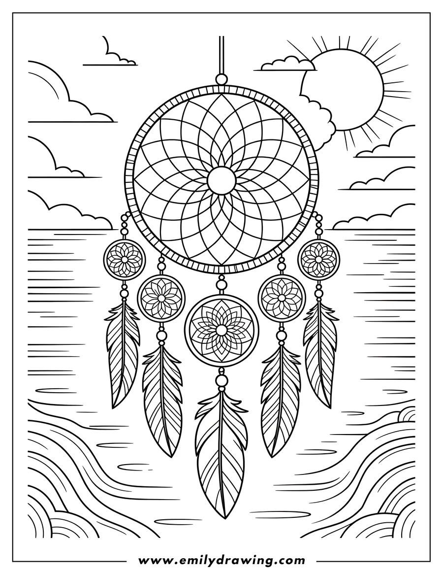 Outline of a dreamcatcher hanging against a backdrop of the sea, clouds, and sun.