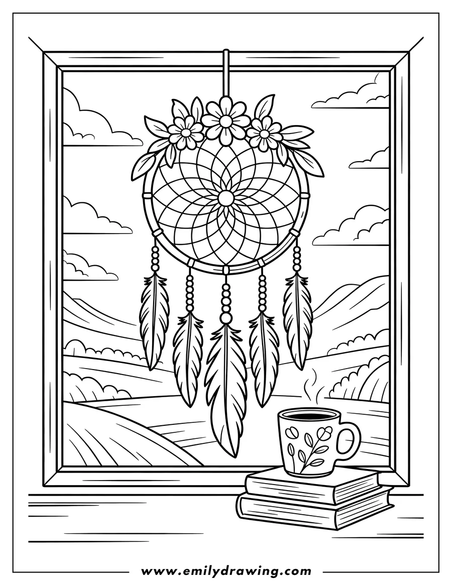Line art of a dreamcatcher hanging in a window with a view of rolling hills. A mug sits on books on the windowsill.