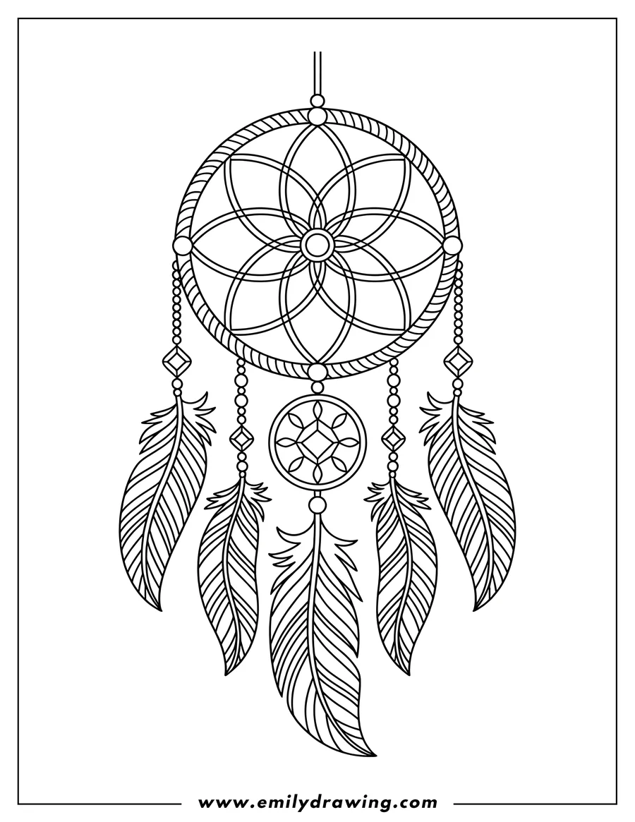 Line art of a dreamcatcher with a circular web, beads, and feathers.