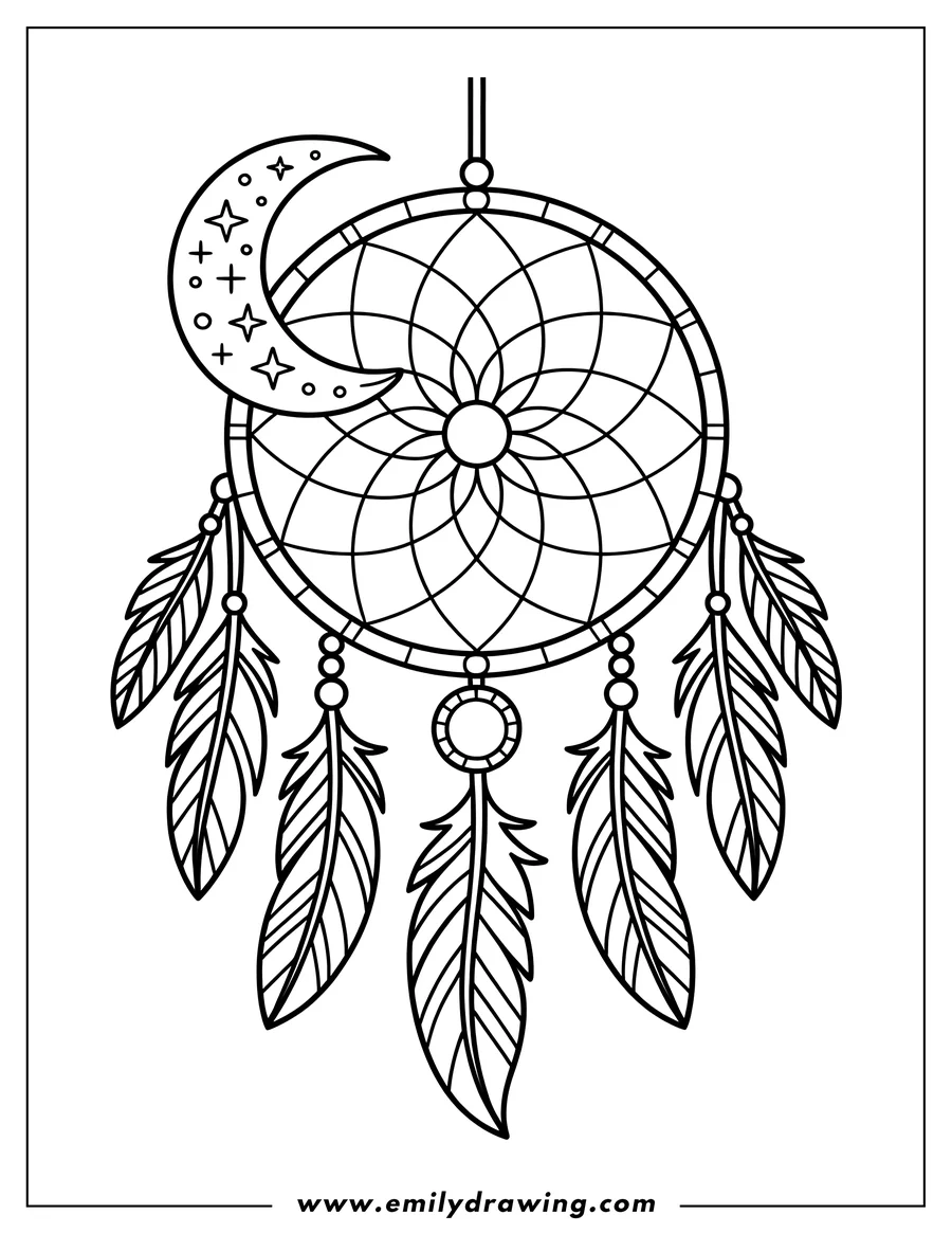 Line art of a dreamcatcher with a crescent moon and feathers.