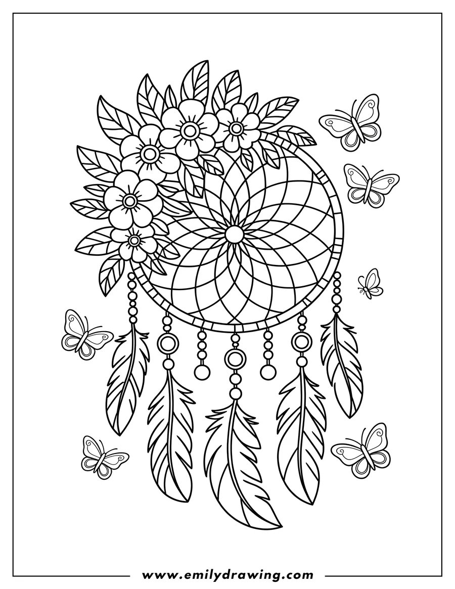 Line art of a dreamcatcher adorned with flowers at the top, feathers and beads hanging down from the circular frame. Several butterflies flutter around the dreamcatcher.
