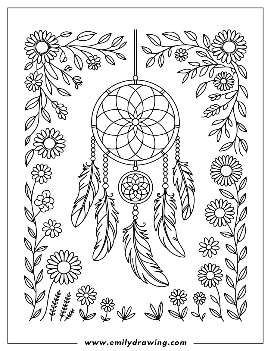 Outline of a dreamcatcher with feathers and beads, surrounded by flowers and leaves.