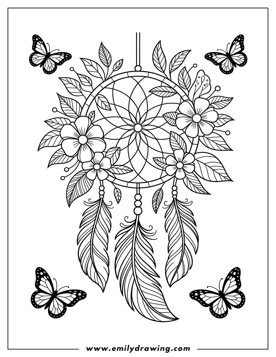 Outline of a dreamcatcher decorated with flowers and leaves, with three feathers hanging below and butterflies surrounding it.