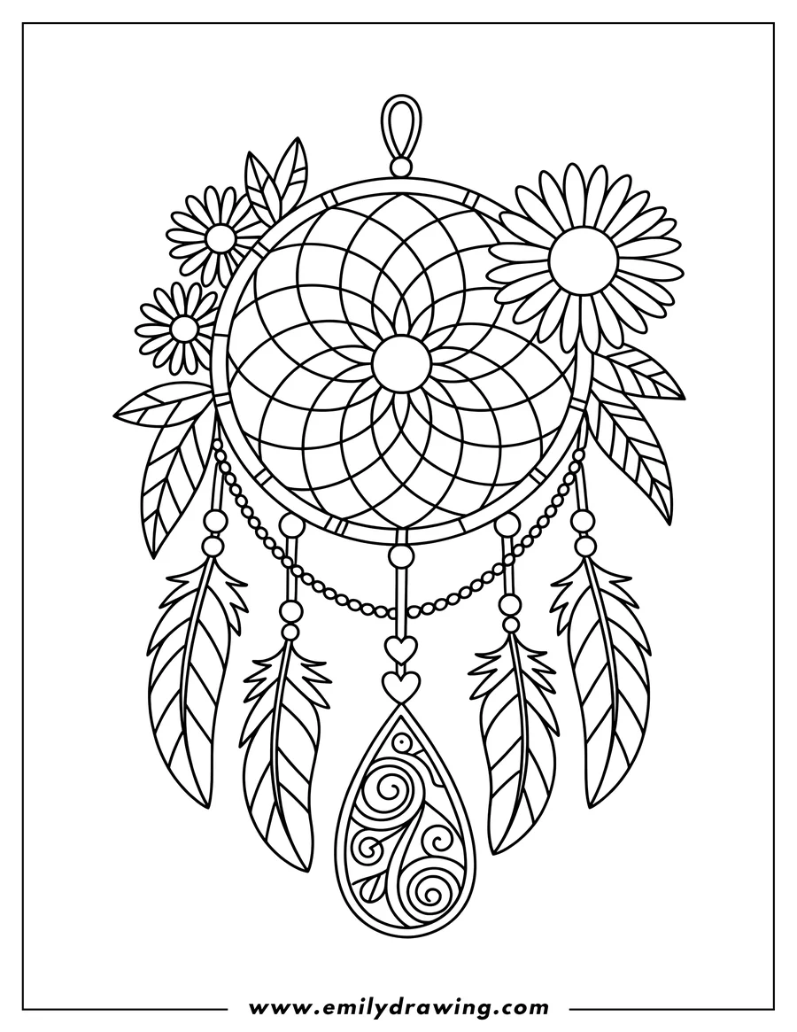 Line art of a dreamcatcher decorated with daisies, leaves, and feathers. Beaded strands hang below with a teardrop-shaped pendant.