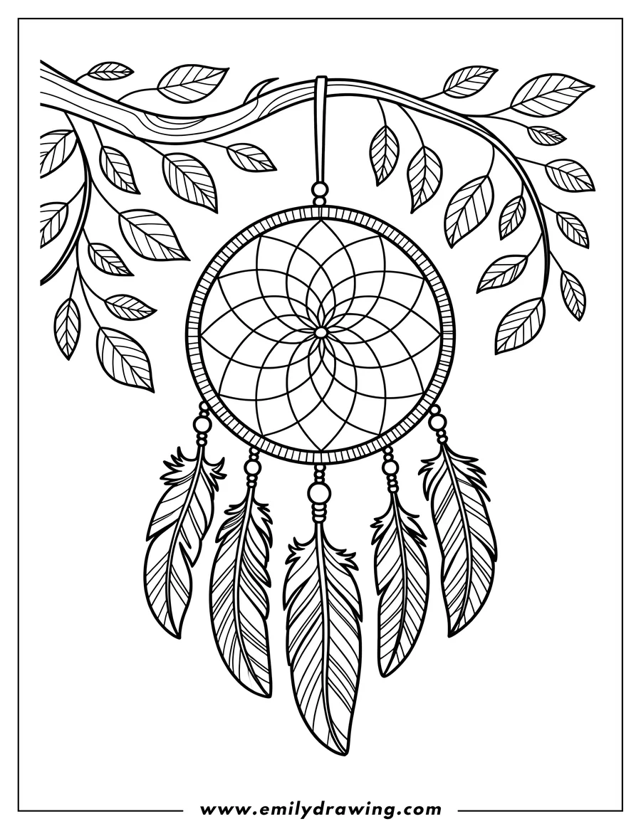 Outline of a dreamcatcher with detailed woven pattern and feathers hanging from a tree branch with leaves.