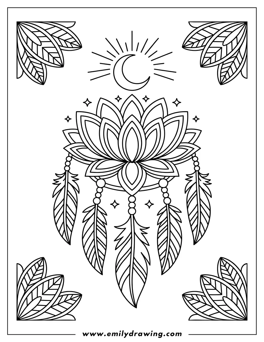Outline of a dreamcatcher with a lotus flower design and three hanging feathers, beneath a crescent moon and stars.