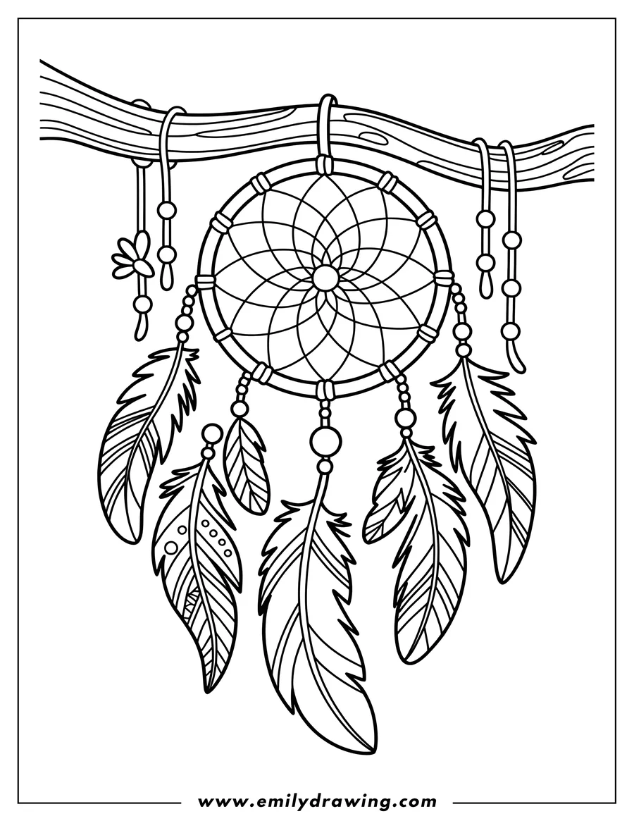 Line art of a dreamcatcher hanging from a tree branch, adorned with feathers and beads.