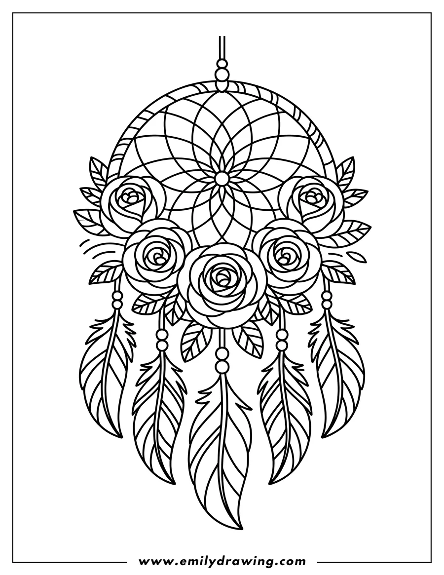 Line art of a dreamcatcher decorated with roses and feathers. It's ready to be colored in!