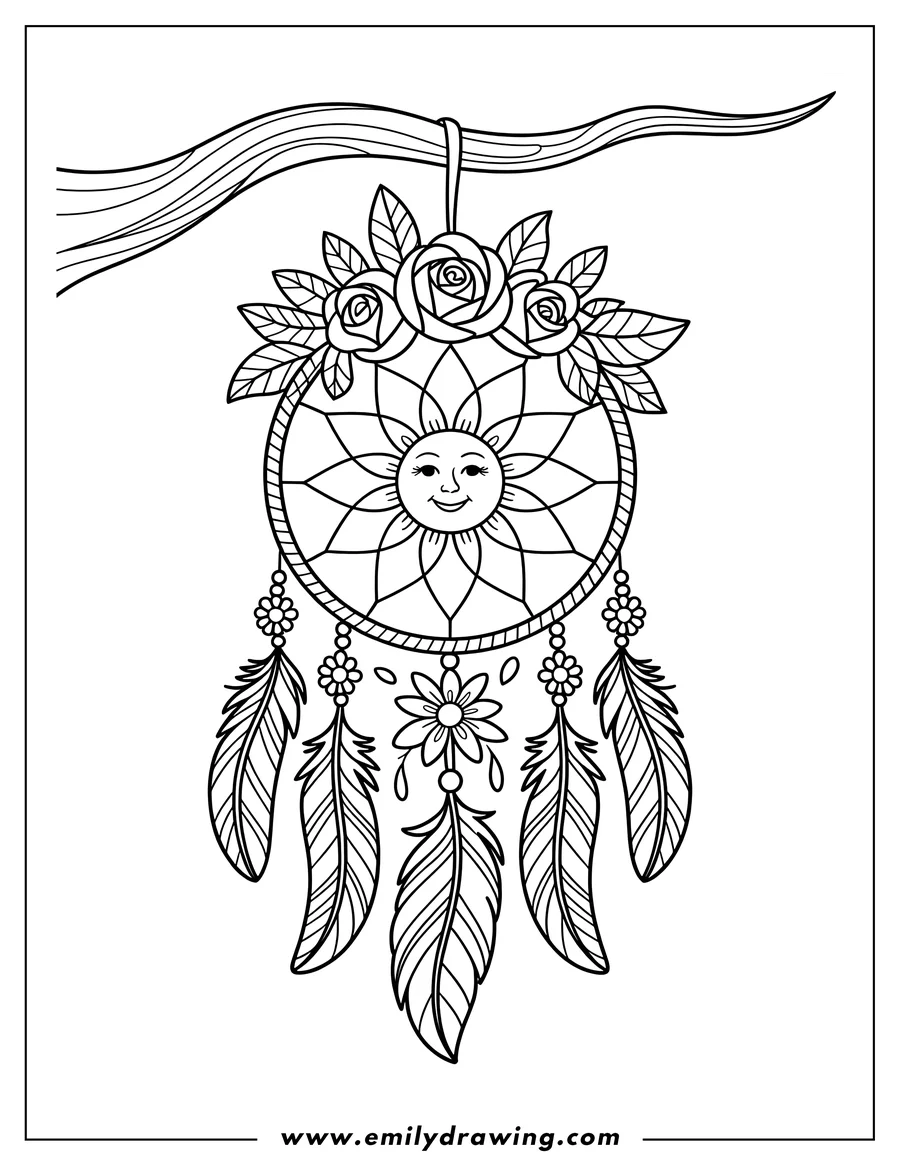 Line art of a dreamcatcher decorated with roses and feathers. A smiling sun is at the center of the web.