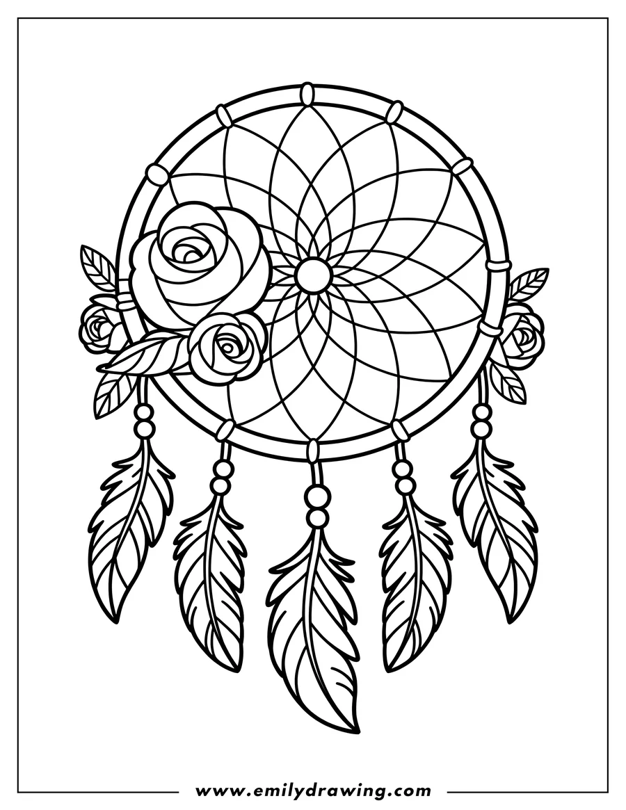 Outline of a dreamcatcher decorated with roses and feathers. It has intricate woven details and dangles three long feathers.