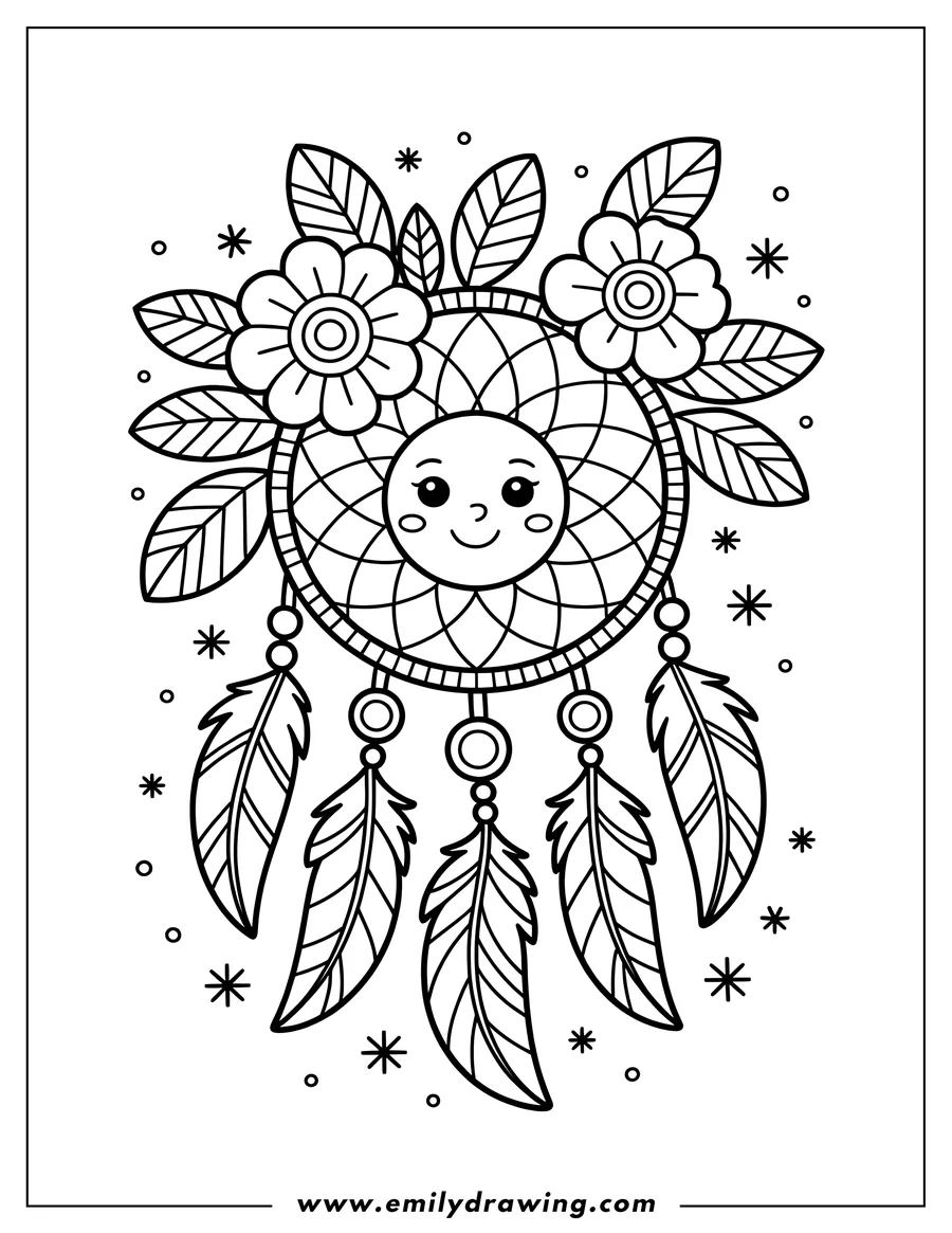 Line art of a dreamcatcher with a smiling face, decorated with flowers, leaves, and feathers.