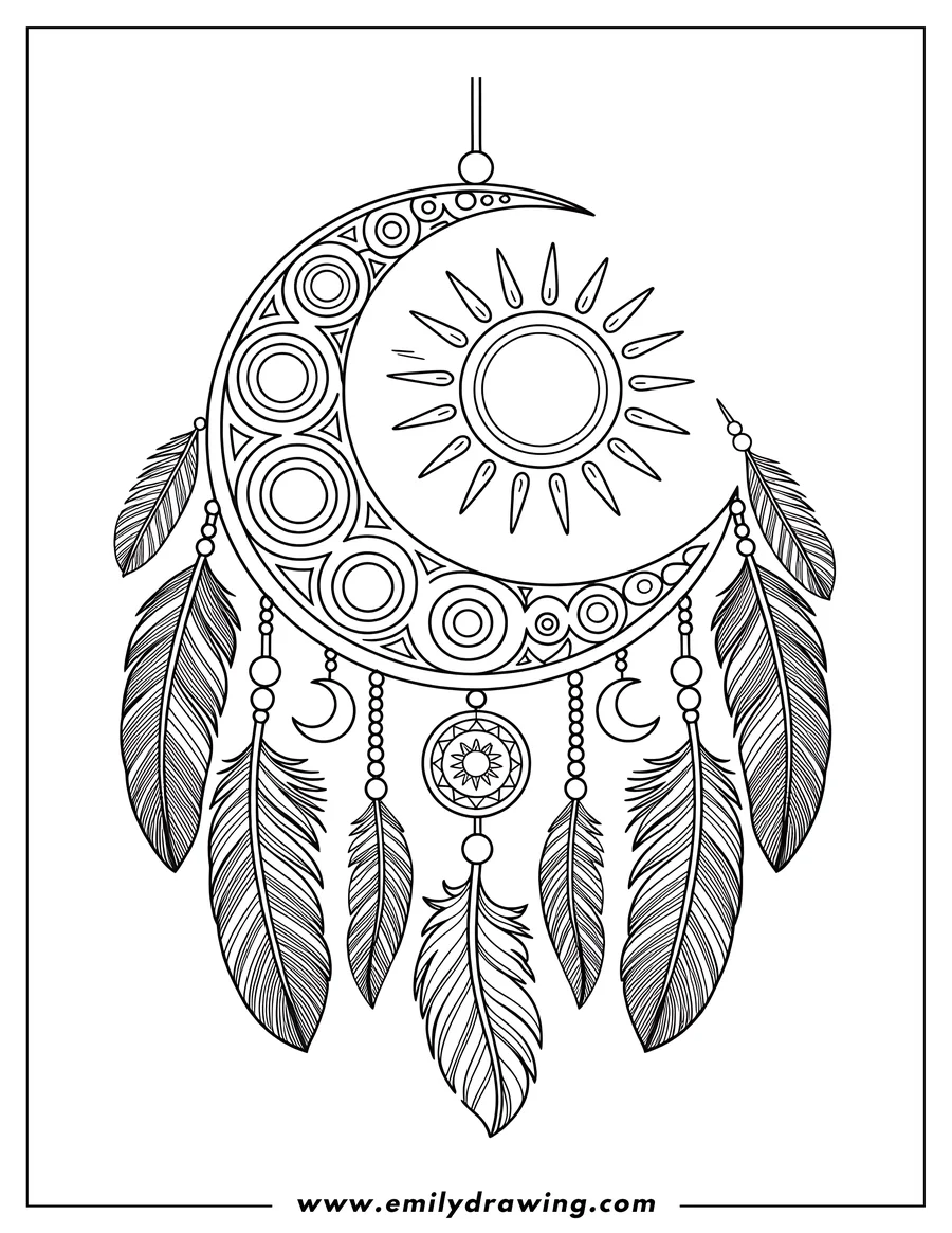 Line art of a dreamcatcher with a crescent moon and sun at the top, decorated with beads and feathers.