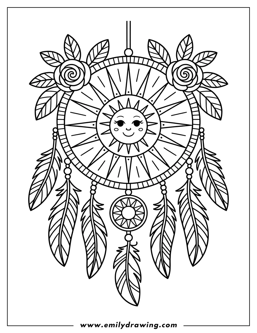 Outline of a dreamcatcher with a smiling sun at its center, adorned with roses at the top and feathers dangling below.