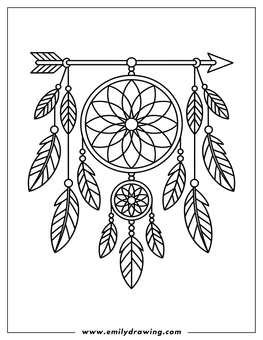 Line art of a dreamcatcher hanging from an arrow.  Feathers and beads dangle from the circular dreamcatchers.