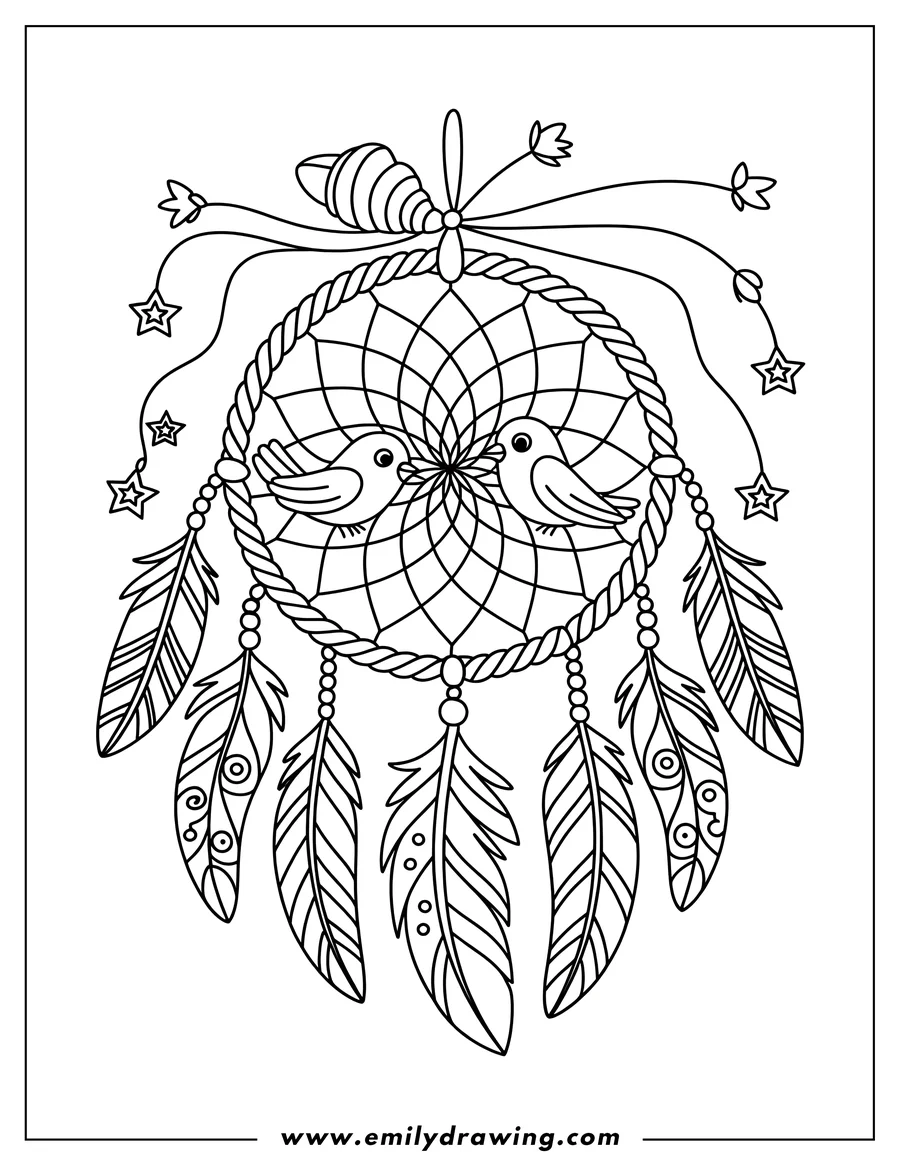 Outline of a dreamcatcher with two birds sitting inside the woven circle.  Feathers, beads, and stars hang from the dreamcatcher's ring.