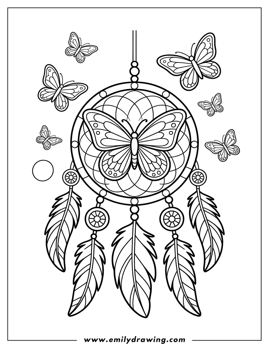 Outline of a dreamcatcher with a central butterfly and several other butterflies surrounding it.  The dreamcatcher has three feathers hanging from it.