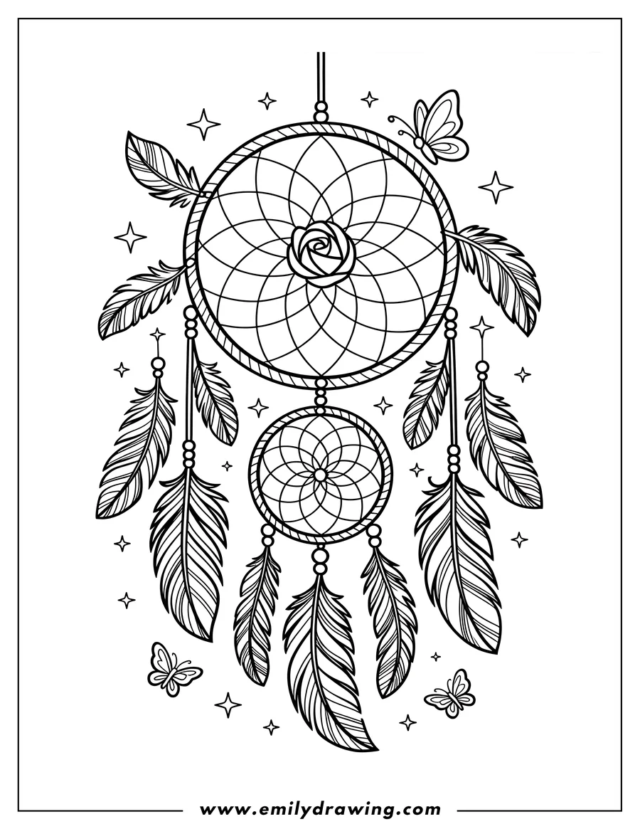 Line art of a dreamcatcher with decorative feathers, beads, and small butterflies fluttering around it.
