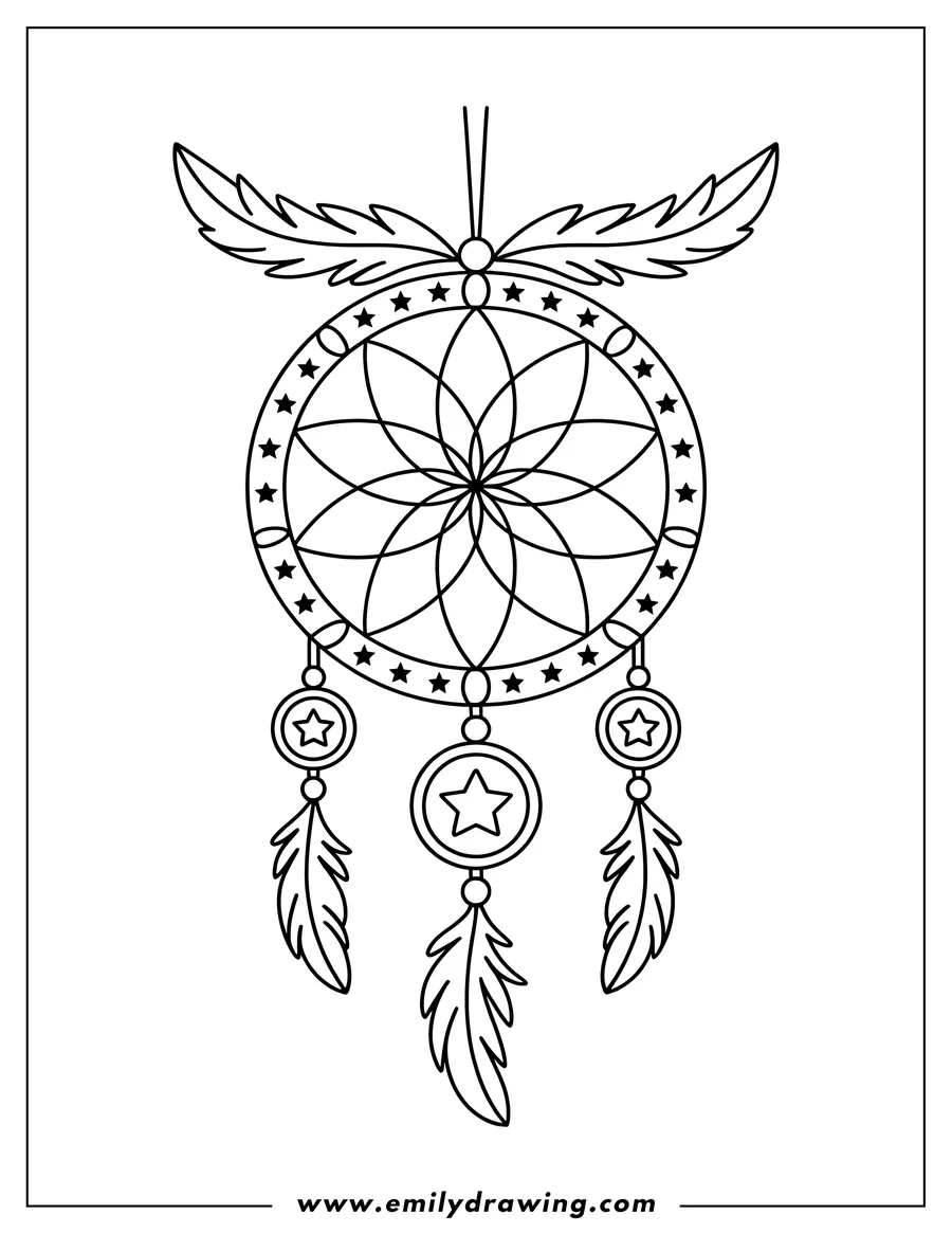 Line art of a dreamcatcher with feathers, stars, and decorative beads.