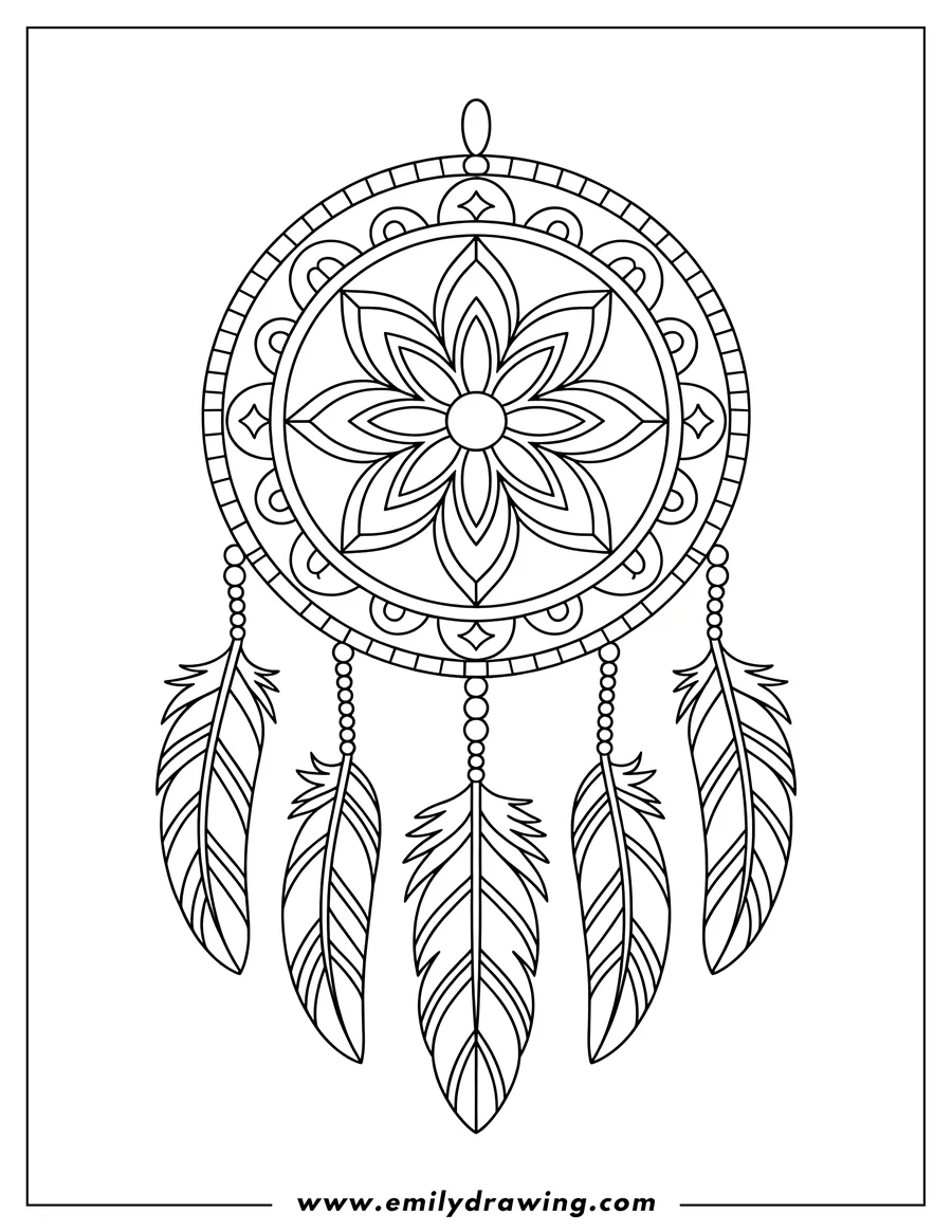Outline of a dreamcatcher with a circular design and three feathers hanging below.